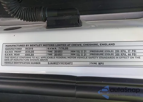 2019 Bentley Bentayga V8 из США, поврежденный, VIN SJAAM2ZV1KC024572